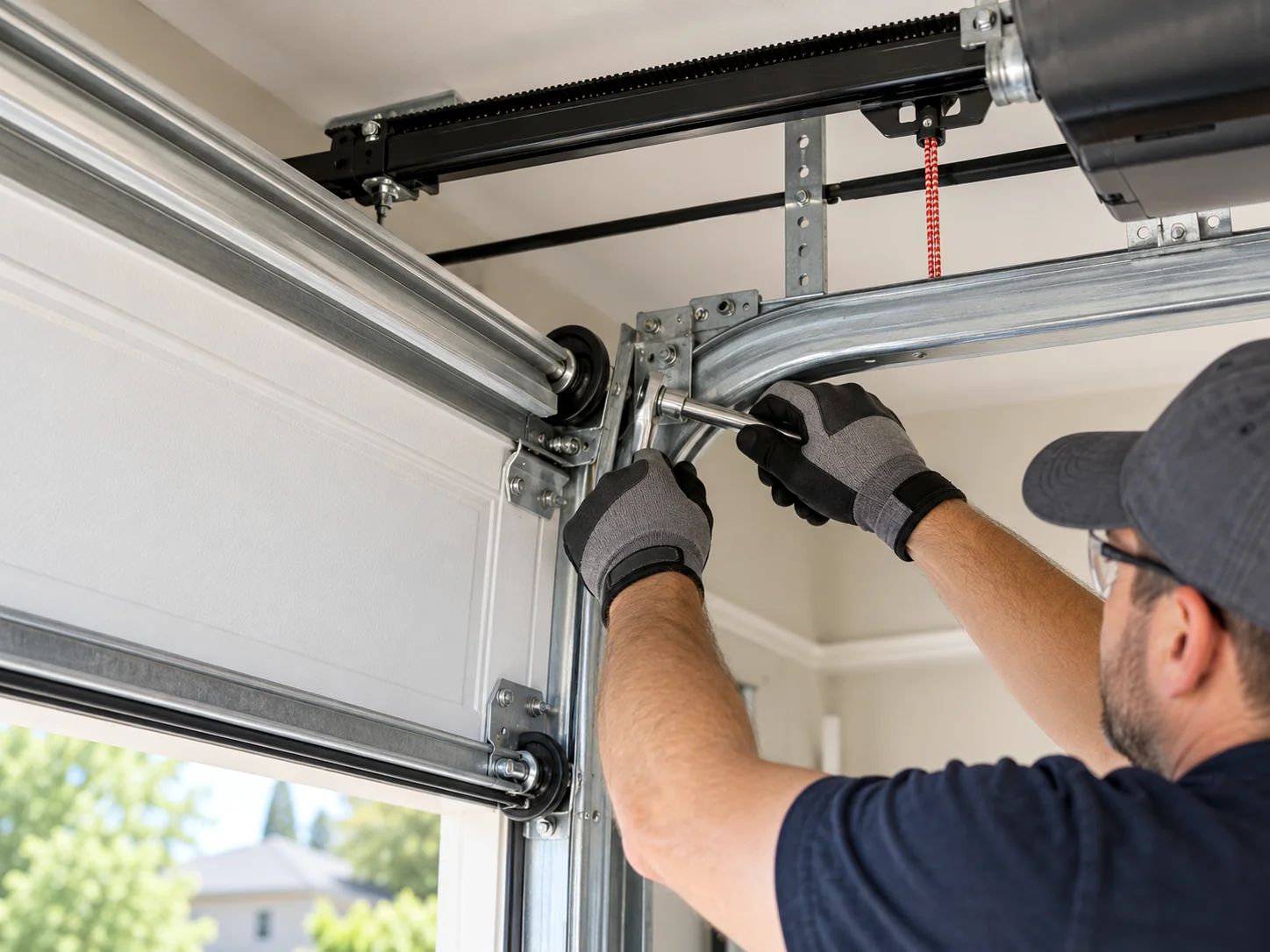 Close-up of garage door hardware being serviced