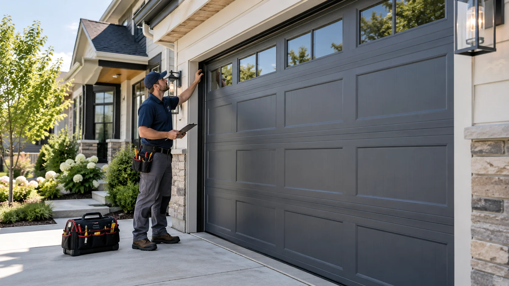 Illustrative image of a technician inspecting a residential garage door